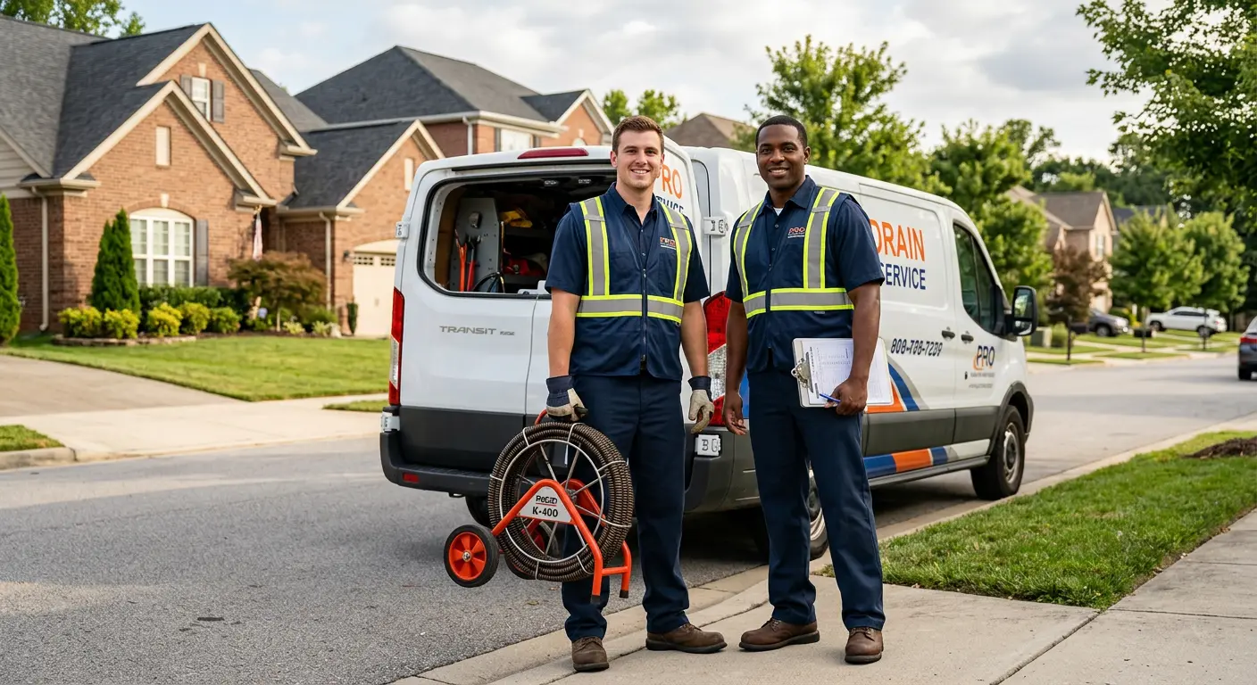 Sewer and drain service team with equipment ready for work in East Goshen