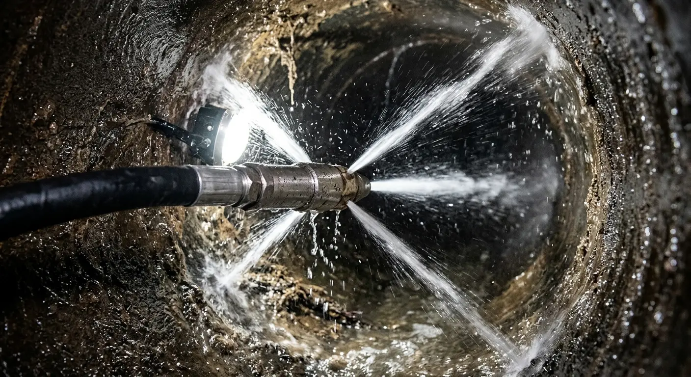 High-pressure hydro jetting nozzle cleaning sewer pipe for Emergency Drain Service in East Goshen