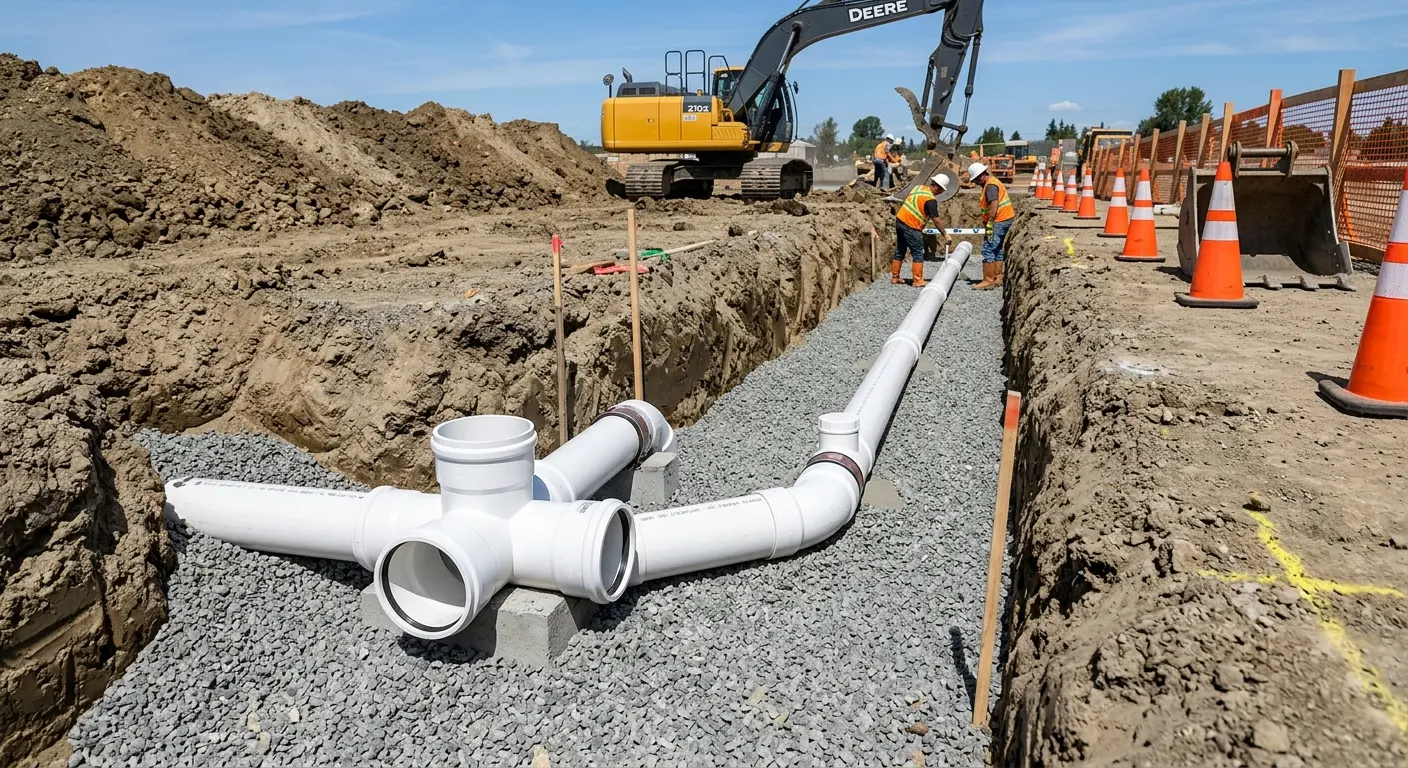 New PVC sewer pipe installation in open trench for Commercial Drain Cleaning in East Goshen