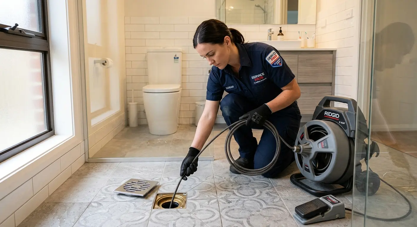 Technician clearing a bathroom floor drain for Drain Cleaning in East Goshen